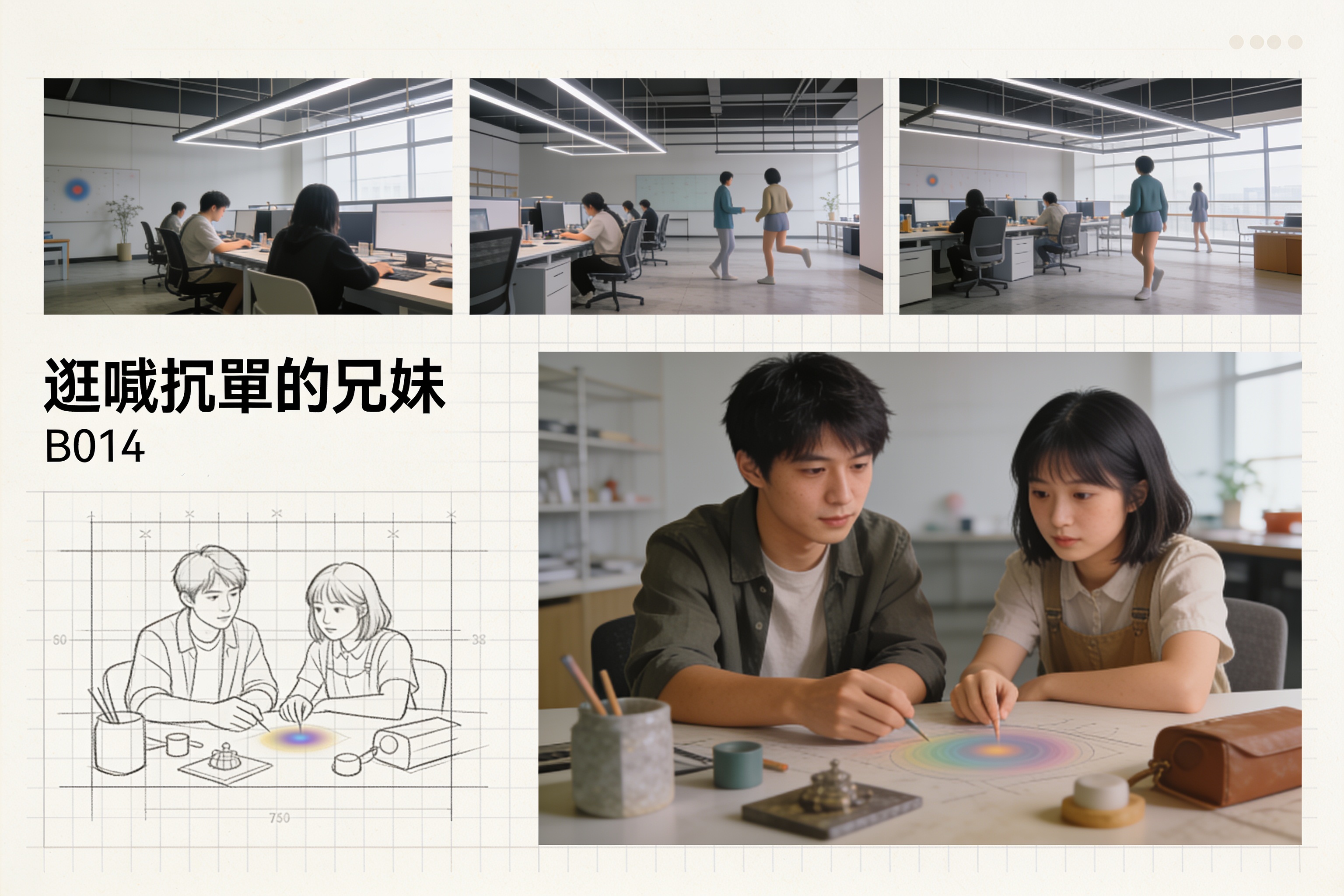 辶喿扌畐第二阶段草图B014，纸面上方有网格辅助线与多组结构变体