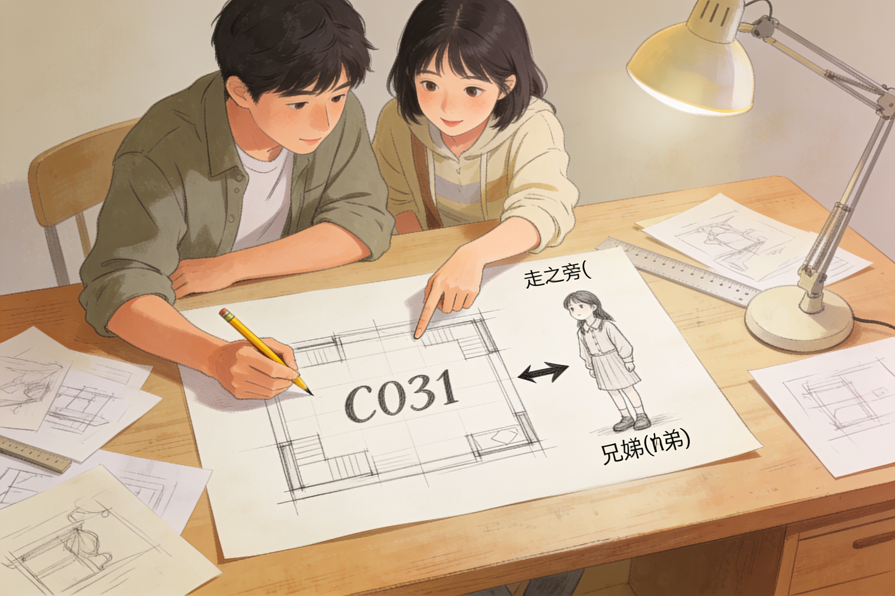 辶喿扌畐整体布局草图C031，纸面左侧有箭头标注走之旁延伸方向