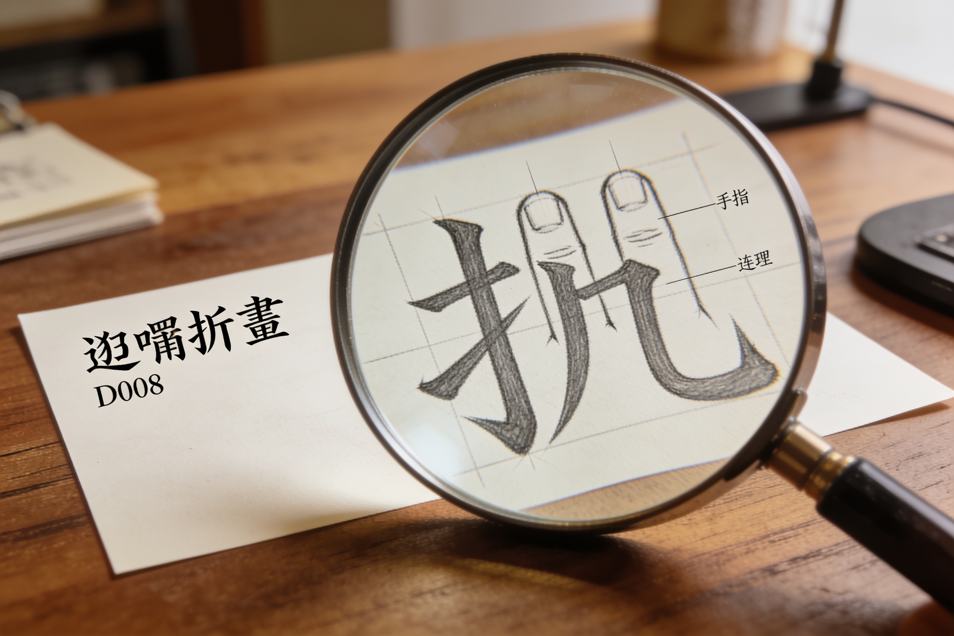 辶喿扌畐笔画细节草图D008，纸面放大显示扌部件三个手指的连接处理
