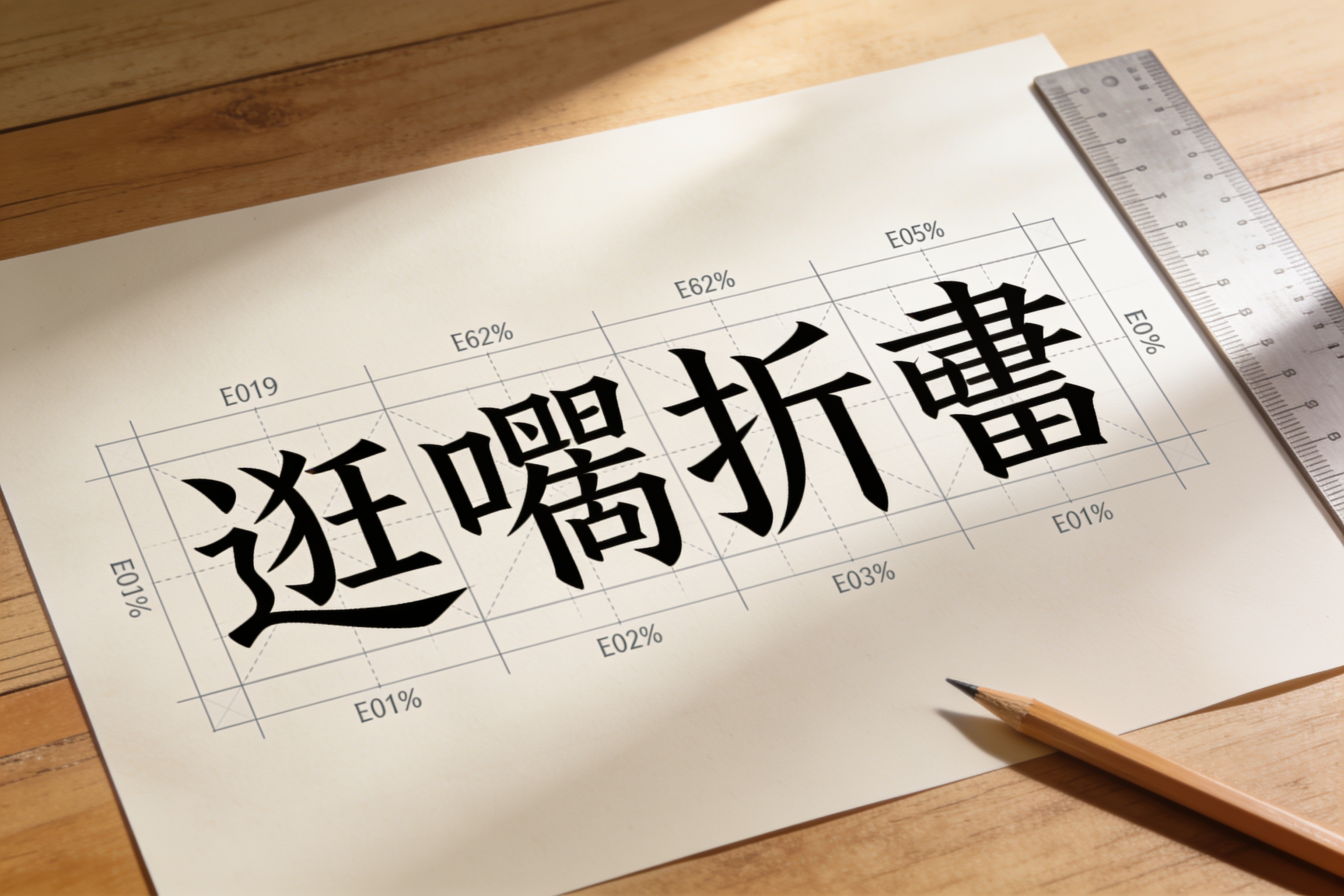 辶喿扌畐整字比例草图E019，纸面覆盖透明网格，标注各部件占比百分数