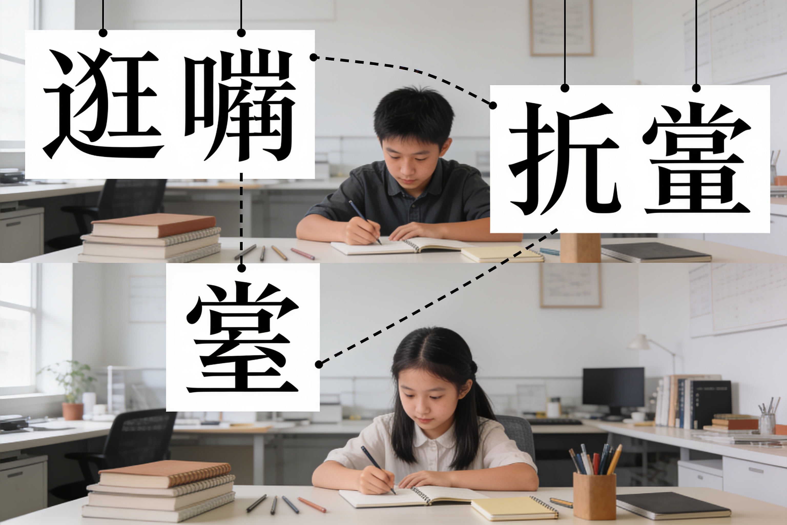 辶喿扌畐四个汉字部件以爆炸视图方式悬浮排列，白底黑字，部件间用虚线连接显示拆解关系