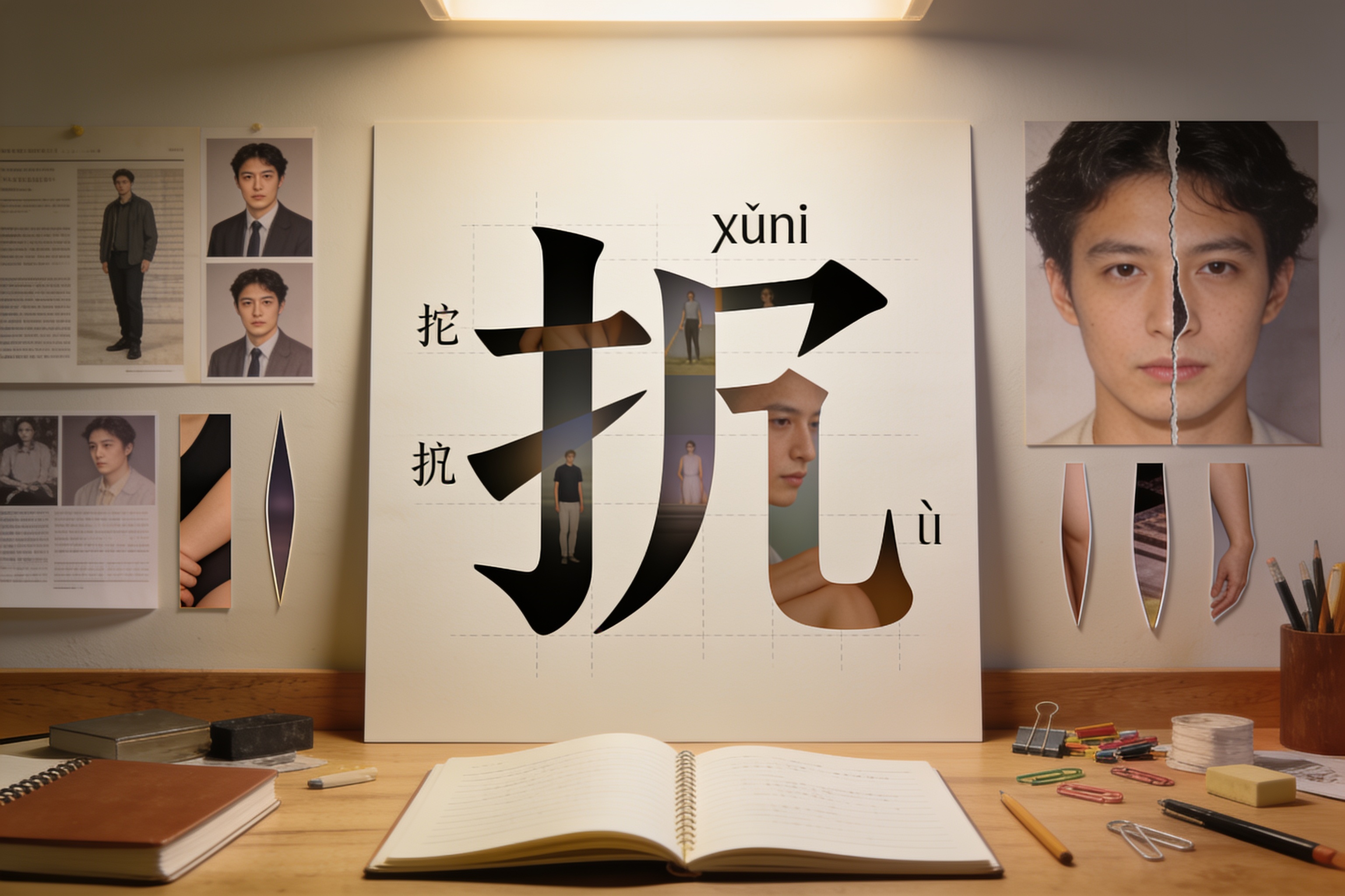 操作系列主视觉：展示扌部与不同声旁组合后形成的动作感字形结构
