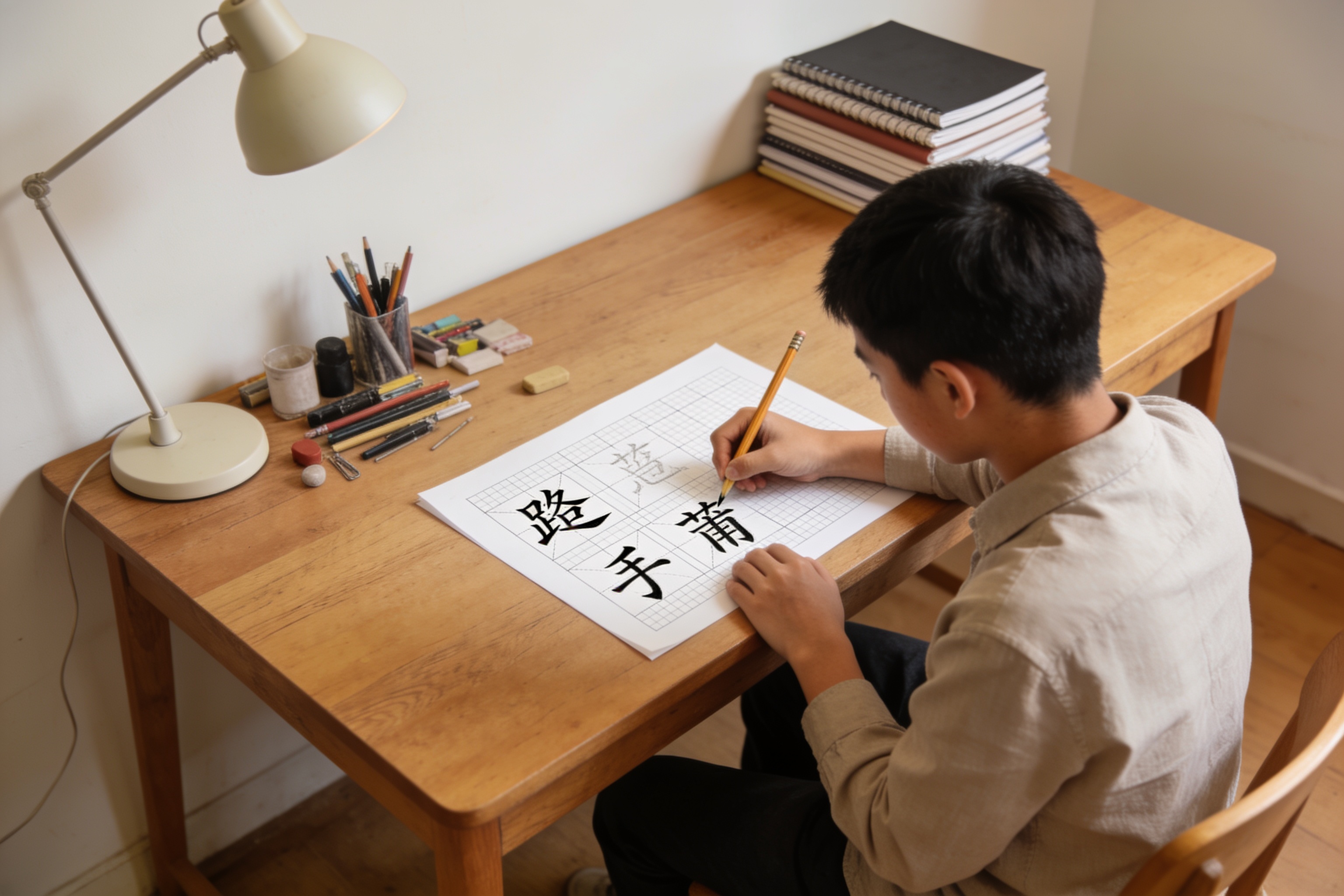 兄长在方格纸上用铅笔绘制的汉字部件草图，包含辶、喿、扌、畐等偏旁组合方案